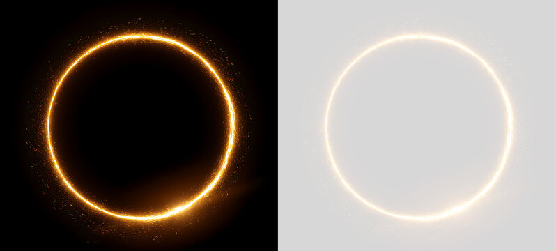 Glowing golden fire circle frame with flying sparks. Fiery ring light effect on black and transparent background. Round border graphic element