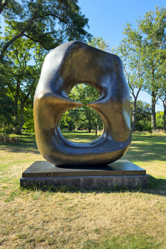 London, UK - 4 July 2026: Oval with Points, Henry Moore giant bronze sculpture from 1968 - 1970, in the grounds of Kew Gardens, south London.