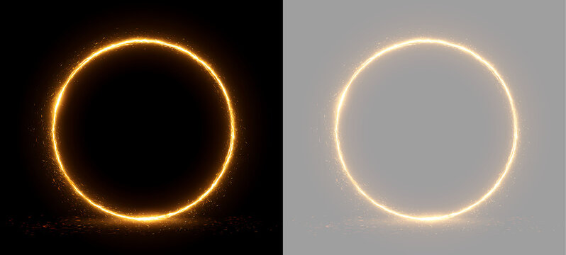 Glowing golden fire circle frame with falling sparks. Fiery ring light effect with ground reflection on black and transparent background. Round border graphic