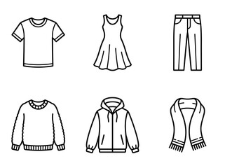 Fototapeta premium Eco friendly fashion clothing collection, linear outlines of essential apparel pieces including t-shirt, dress, jeans, sweater, hoodie and scarf, sustainable wardrobe design