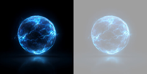 Glowing blue energy ball with horizontal lightning discharge. Electric plasma sphere on black and transparent backgrounds. Sci-fi portal element © Василий Куриленко