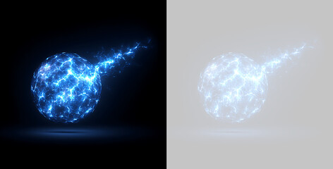 Blue electric sphere with lightning tail. Glowing plasma comet on black and transparent background. Sci-fi energy blast element © Василий Куриленко