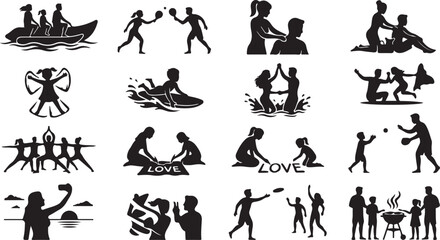 Obraz premium Collection of black silhouettes depicting family activities, including banana boating, table tennis, massage, surfing, yoga, beach play, writing love in sand, frisbee, and outdoor family barbecue