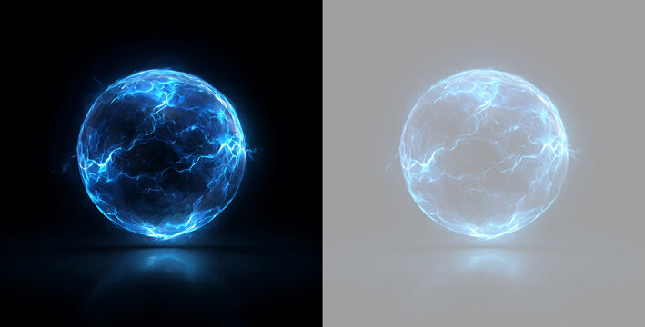 Glowing blue energy ball with horizontal lightning discharge. Electric plasma sphere on black and transparent backgrounds. Sci-fi portal element