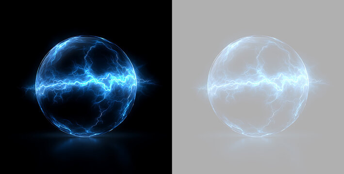 Blue electric sphere with horizontal lightning bolt. Glowing plasma ball on black and transparent background. Sci-fi energy discharge element