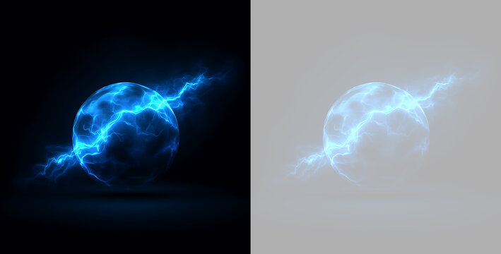 Blue electric sphere with diagonal lightning bolt. Glowing plasma ball on black and transparent background. Sci-fi energy discharge element