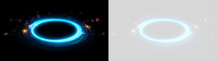 Glowing blue neon ring light effect on black and transparent background. Futuristic sci-fi portal with orange sparks. Abstract energy vortex frame © Василий Куриленко