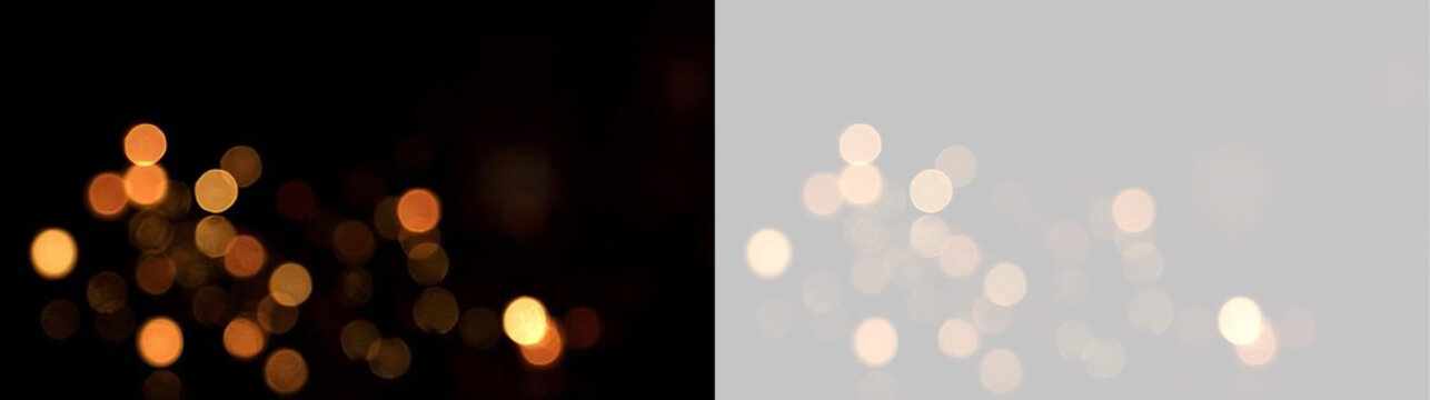 Golden bokeh light overlay clustered on black and transparent background. Warm out of focus glowing circles for compositing. Abstract festive light leak