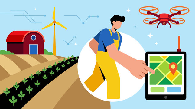 A man in a blue shirt and yellow overalls uses a tablet to monitor a drone flying over a farm with a red barn, wind turbines, and a field of crops.