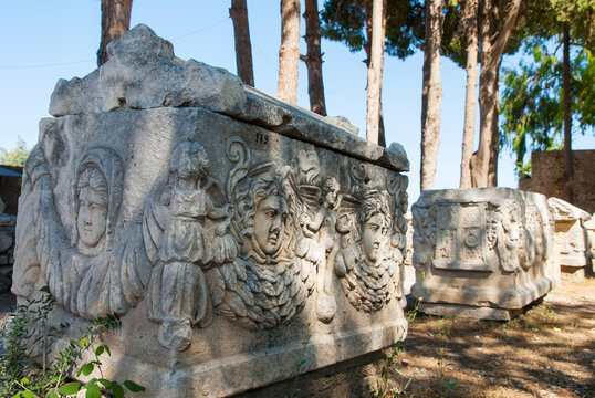 Sarcophagus from ancient times displayed in the Museum of the Archeological site of Side in Antalya, Turkey