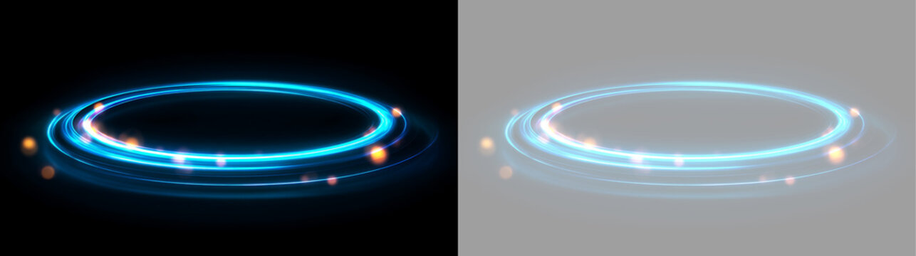 Flat perspective blue neon ring light on black and transparent background. Futuristic teleportation pad with orange sparks. Abstract energy vortex