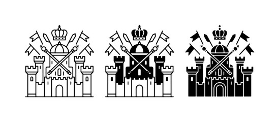 Fototapeta premium Castle Emblem Vector Set: Heraldic Crests with Crown, Flags, and Crossed Spears, Military Fortifications, Royal Symbols, Black and White Graphics