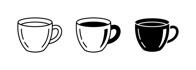 Fototapeta premium Coffee Cup Icons, Hot Beverage Mugs, Black and White Drink Symbols for Cafes and Breakfast