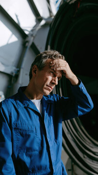 Scientist wiping sweat from forehead beside giant observatory telescope lens with premium editorial styling and sharp tack-focus