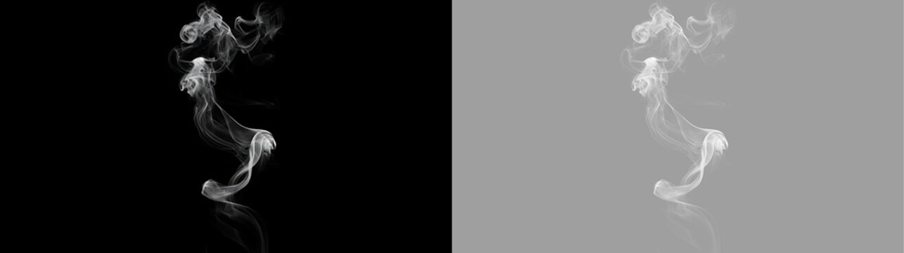 Dynamic white smoke plume on black and transparent background. Looping vapor trail design element. Magical smoke overlay