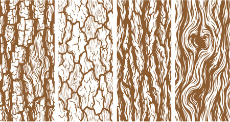Detailed vector graphic illustration showing four distinct vertical panels of rough natural tree bark textures © RizqArt
