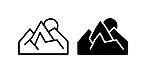 Mountain Landscape Icons: Minimalist Sun and Peaks, Outline and Silhouette Vector Graphics for Outdoor Adventure and Nature Themes © poli