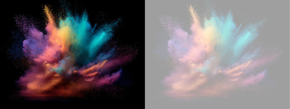 Colorful powder explosion isolated on black and transparent background. Vibrant holi dust burst design element
