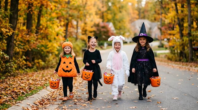 Happy halloween four children trick or treating in autumn costumes
