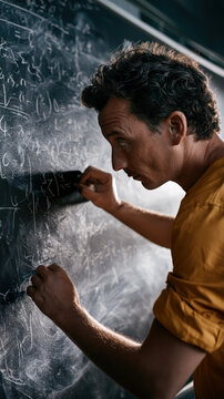 Astrophysicist writing complex equations on chalkboard heavily dusted with white powder with cinematic ambient daylight and clean negative space