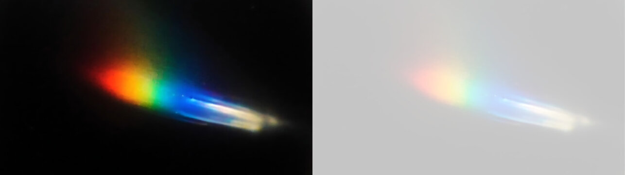 Rainbow prism light leak with spectrum colors. Diagonal refraction effect on black and transparent background vector