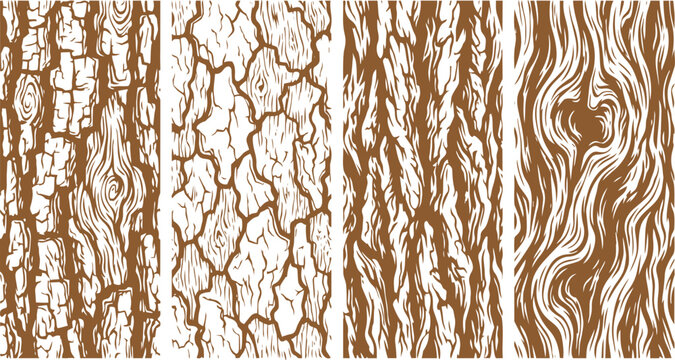 Detailed vector graphic illustration showing four distinct vertical panels of rough natural tree bark textures