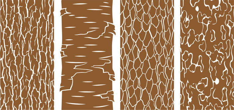 Four distinct vector graphic tree bark textures showing unique brown patterns for natural creative design projects