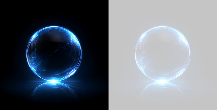 Glowing blue energy sphere with electric plasma currents. Sci-fi force field orb on black and transparent background. Futuristic magic bubble element