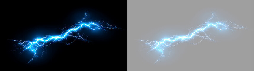 Fototapeta premium Blue lightning bolt and electrical discharge. Bright electric spark on black and transparent background. Energy and power concept