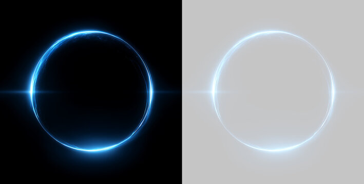 Glowing blue neon circle light effect. Round electric energy frame on black and transparent background. Futuristic sci-fi portal element