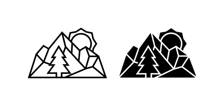 Geometric Mountain Landscape Icons: Pine Tree, Sun, and Peaks, Outline and Silhouette Vector Art