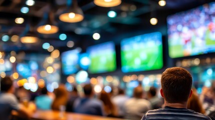 Naklejka premium Crowd watching sports on multiple screens in sports bar