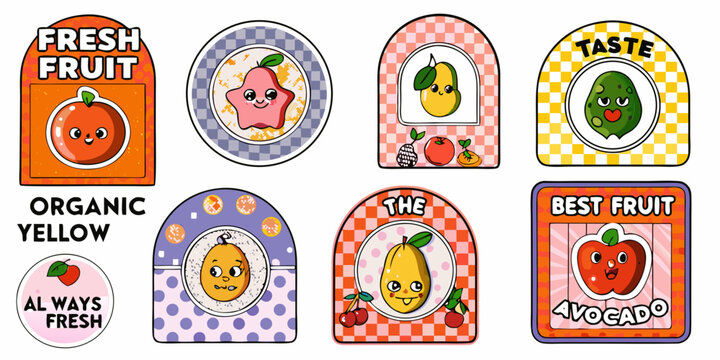 Kawaii Fruit Character Vector Illustrations With Decorative Backgrounds