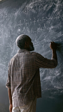 Scientist writing mathematical equations on dusty chalkboard with premium editorial styling and sharp tack-focus for copy space