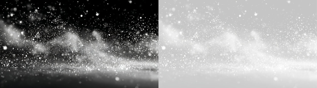 Dense white glitter particles on black and transparent background. Sparkling dust cloud light effect. Glowing magic snow overlay