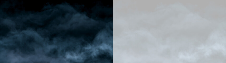 Obraz premium Dense blue smoke overlay on black and transparent background. Atmospheric fog effect for digital compositing. Mysterious vapor design element