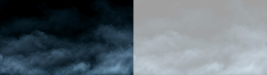Fototapeta premium Low rolling fog overlay on black and transparent background. Dense blue smoke effect for graphic design. Atmospheric haze layer