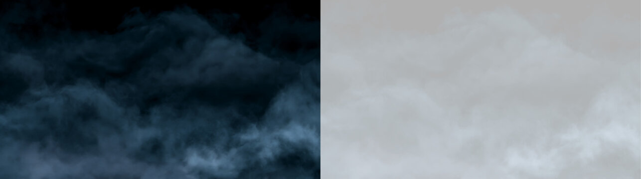 Dense blue smoke overlay on black and transparent background. Atmospheric fog effect for digital compositing. Mysterious vapor design element