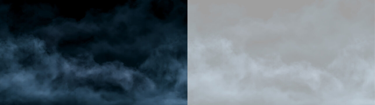 Textured billowy smoke overlay on black and transparent background. Blue fog cloud effect for photo editing. Atmospheric design element