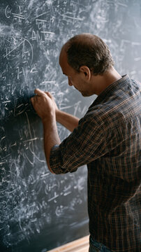Physicist writing complex formulas on dust-covered chalkboard with cinematic ambient daylight and flawless polished textures