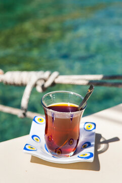 Enjoying tea on a schooner deck in Kekova bay, Turkey while anchored