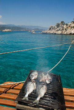 Grilling fish on the deck of a boat in a scenic bay during a cruise in Turkey with clear skies and calm waters