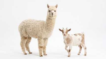 Obraz premium A fluffy alpaca and a spotted baby goat stand together on a white background, showcasing a gentle contrast.