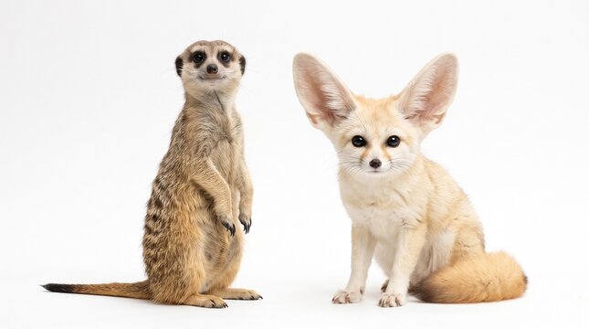 Curious meerkat and adorable fennec fox stand side by side against a clean white background, showcasing desert animals.