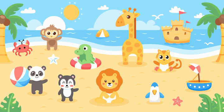 Beach Scene With Animals A Colorful Vector Illustration