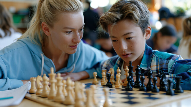 Youth mentor volunteer playing chess with a twelve-year-old boy at an afterschool program table, both leaning over the board in concentration, a half-finished homework assignment pushed to the corne