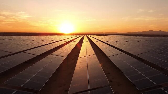 Solar panels arranged in rows capture sunlight at sunset over a vast desert landscape, showcasing renewable energy technology in a serene environment