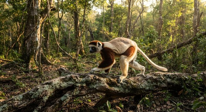 Coquerels sifaka lemur walking on a fallen tree trunk in a lush madagascar forest