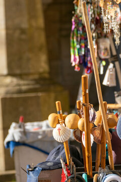 Santiago de Compostela wooden walking sticks with shells The Concept of pilgrimage and faith