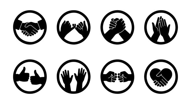 Friendship and Support Icons: Handshake, Pinky Swear, Clapping, Thumbs Up, Heart Embrace